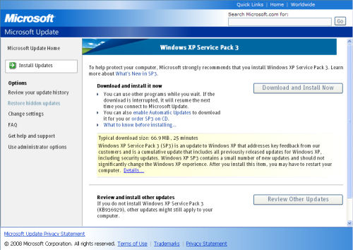Windows XP SP3 shows up as a principal choice on Microsoft's Download Center.