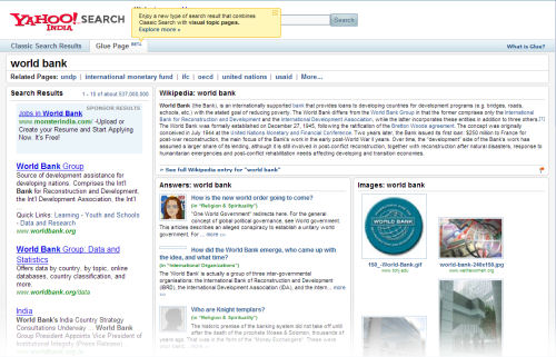 A search for 'World Bank' on Yahoo India turns up a completely laid-out information page.