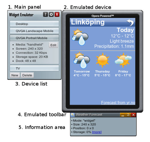 Opera's Widgets SDK shown here with a sandbox console simulating a mobile device.  (Courtesy Opera)