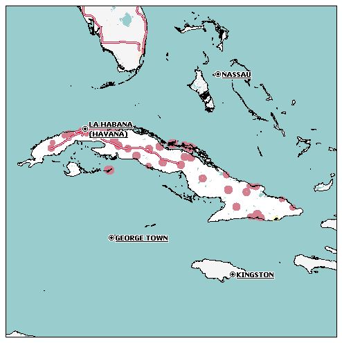A recent map whose areas in pink show the regions in Cuba currently covered by cell phones.