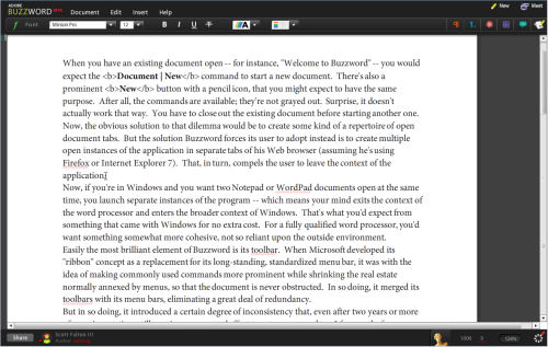 The main composition screen in Buzzword, Adobe's latest beta of its online word processor, from June 2008.