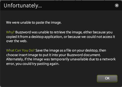 One of the very friendly, but still very 'unfortunate,' dialog boxes telling us what doesn't work in Buzzword.