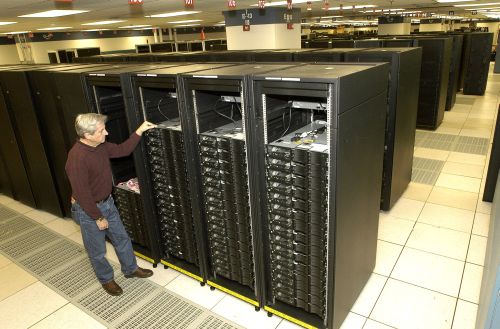 The Roadrunner supercomputer at Los Alamos National Laboratories, the first to break the petaflop processing barrier.