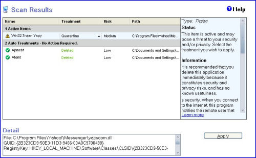 ZoneAlarm Pro's anti-malware scan misidentifies a Yahoo Messenger-based ActiveX control as malware.