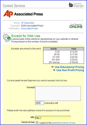 A form posted on behalf of the Associated Press for bloggers wishing to excerpt AP articles.