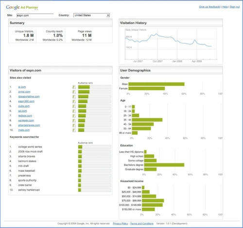 A sample page from the Google Ad Planner beta's report for media buyers