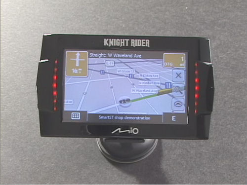 Mio's 'Knight Rider'-themed GPS device, complete with pulsing red lights, William Daniels as KITT, and a black Trans Am representing your vehicle.