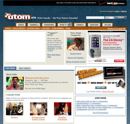 The home page of the redesigned Atom.com, from June 27, 2008.