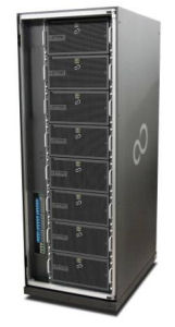 Fujitsu's FX1 server rack, comprised of its new M4000 servers with SPARC64-VII quad-core, dual-threaded processors