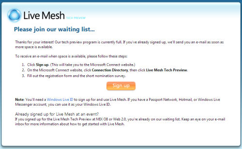 The greeting that awaited us after we had finally made it to the Live Mesh preview sign-up page.