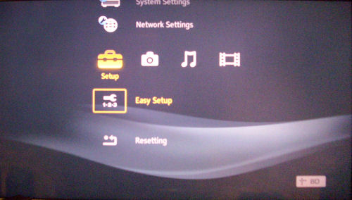 The setup screen for Sony's latest BDP-S350 Blu-ray player, which looks a little PS3-inspired.