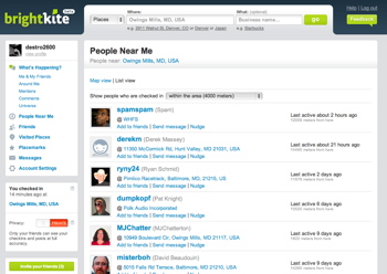 Brightkite on the desktop showing nearby people