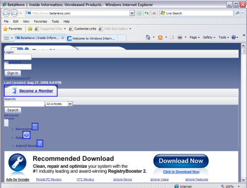 BetaNews rendered (badly) in IE8 Beta 2 with 'Compatibility Mode' turned off