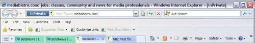 IE8 Beta 2's new tab bar, which enables color-coding of related tabs.  Note InPrivate browsing is active here.