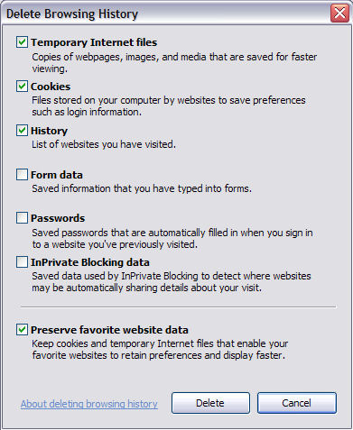 The new Delete Browsing History options dialog in Internet Explorer 8 Beta 2