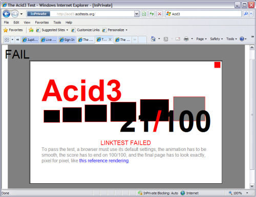 Not a very good score from IE8 Beta 2 on the Acid 3 test