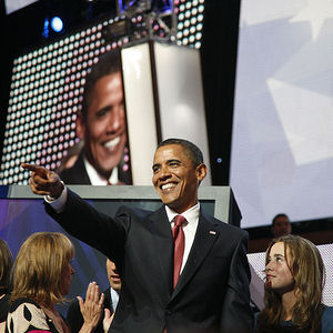 Sen. Barack Obama makes an appearance at the Democratic National Convention August 27, 2008.