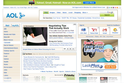 The newly redesigned front page of AOL.com on 9/10/2008, complete with links to mail other than AOL's