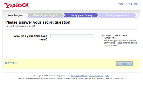 When someone needs to retrieve his lost Yahoo e-mail password, he gets a challenge question like this one.