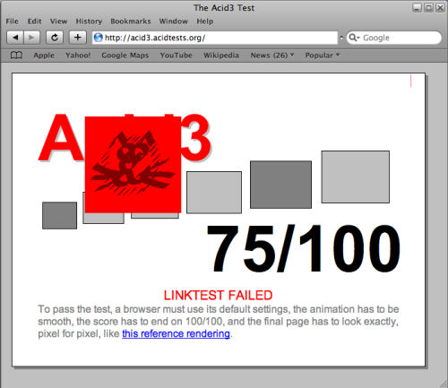 The Acid3 test running on a non-altered installation of Safari 3.1.2 for Windows.