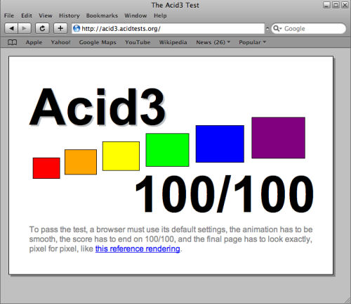 The Acid3 test on Safari after installing the September 26, 2008 daily build of WebKit.