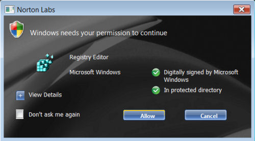 The replacement UAC prompt provided by Norton Labs' UAC Tool.