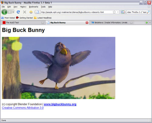 Firefox 3.1 Beta 1 natively plays 'Big Buck Bunny' from the Peach Open Video Project.