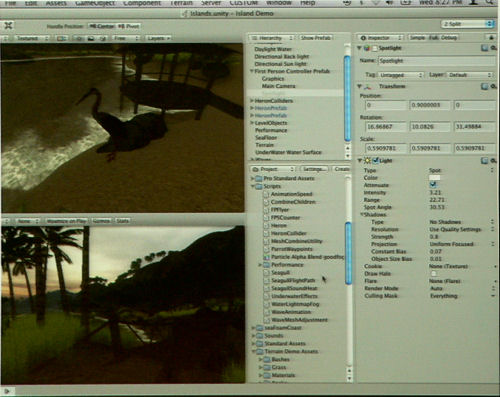 A demonstration of the Unity3D gaming environment for Mac, where a virtual universe's creatures are manipulated now using C# scripts.