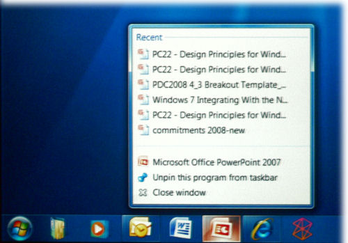 An improved build of the new taskbar in Windows 7, from Steven Moreau's presentation at PDC 2008.