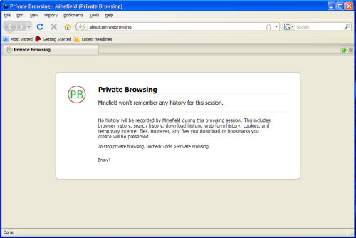 The first sign of private browsing mode in a nightly build of Firefox 3.1