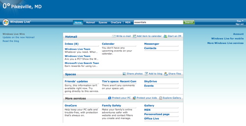 The old Windows Live user homepage