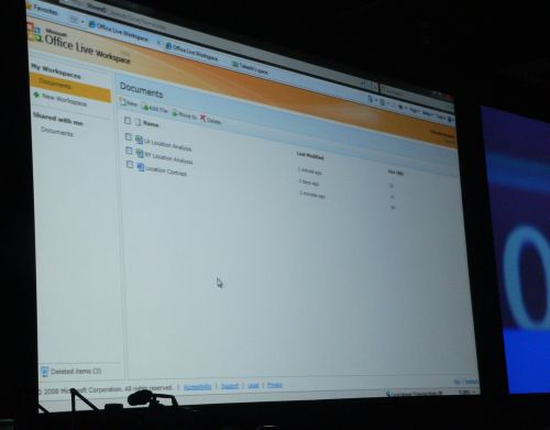 A PDC 2008 keynote demonstration shows Web apps for Office 14 requiring Office Live Workspace for storage.