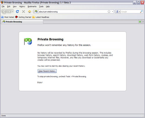 How private browsing mode looks in Firefox 3.1 Beta 2