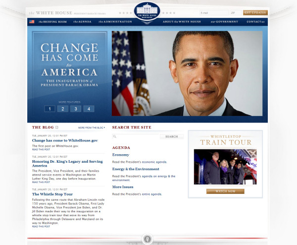 The front page of Whitehouse.gov in its first day under new management