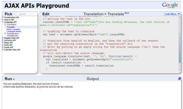 Googles AJAX API Playground, der am 23. Januar 2009 eröffnet wurde.