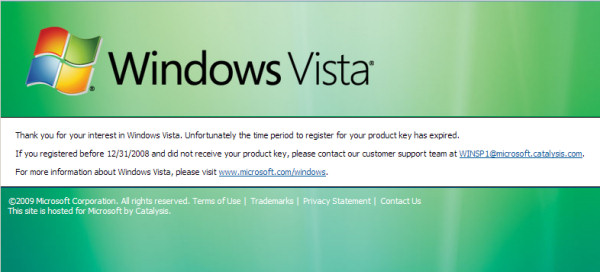 The message that greets recipients of free Vista copies as of January 16, 2009