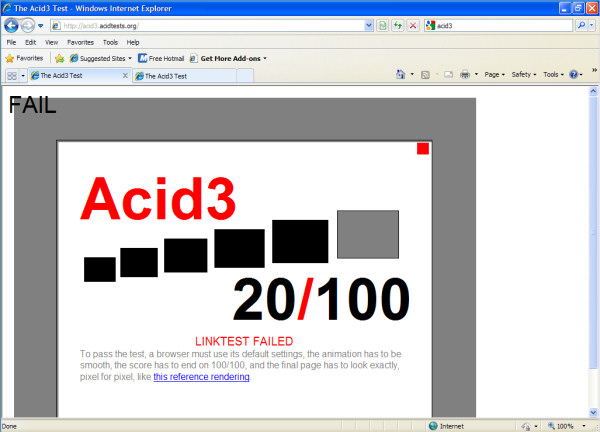 There should be a lot more color in this picture of the Acid3 test on IE8 RC2...Of course, there should be a higher number than 20, too.