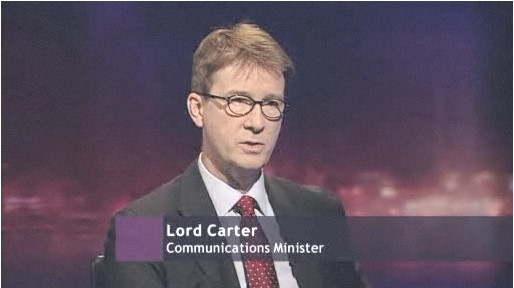 UK Communications Minister Lord Carter appears on the BBC's Newsnight, January 29, 2009.