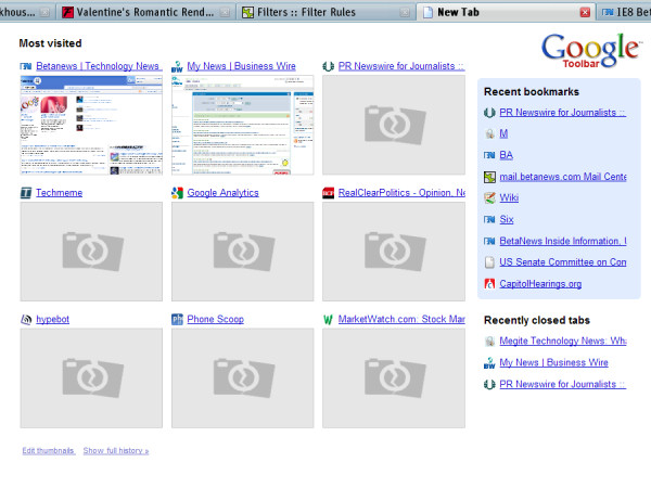 The New Tab page in Firefox after Google Toolbar 5.0 is installed