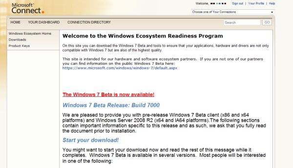 A page from the Windows Ecosystem Readiness program on Microsoft Connect