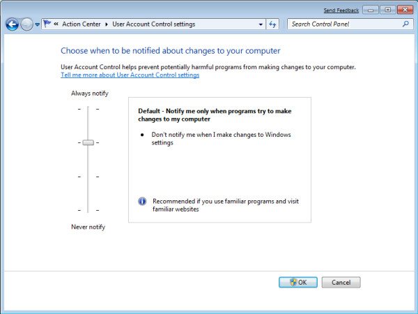 The User Account Control (UAC) control panel, as seen in Windows 7 Build 7000.