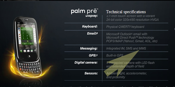 Sprint's first official specifications for its Palm Pre include a listing for MMS messaging.