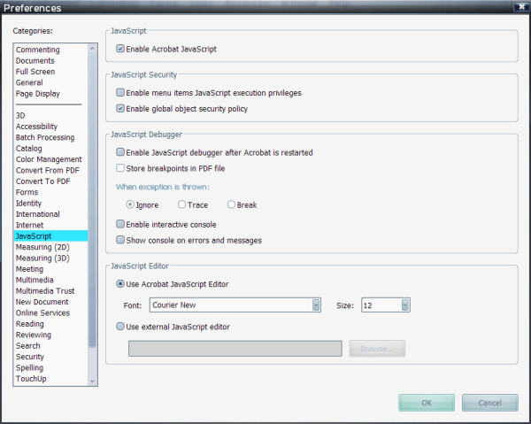 The preferences screen in Adobe Acrobat Professional 8, which lets you turn off JavaScript.