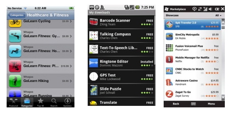 iTunes App Store, Android Market, and Windows Mobile Marketplace