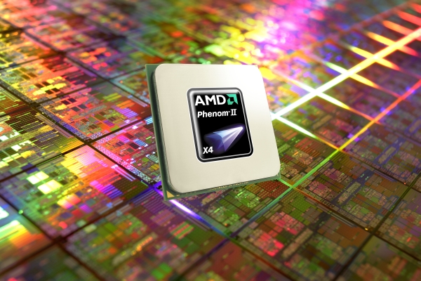 AMD Phenom II X4 CPU set against Phenom II wafer