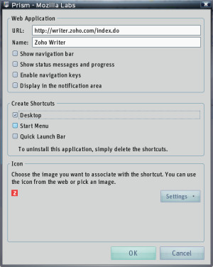 Using the Prism Firefox plug-in to enroll an existing Web application (Zoho Writer in this case) as a stand-alone app.