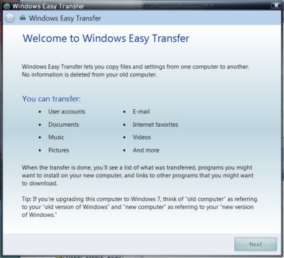 Your initial greeting when starting to run Windows Easy Transfer in Windows XP.