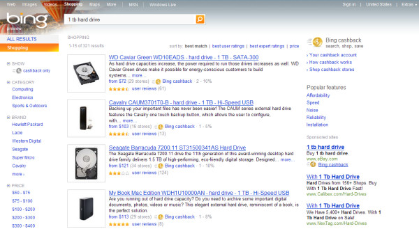 Bing locates a very good price on a 1 TB hard drive, and even offers a little cash back on the purchase.