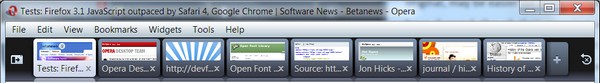 Thumbnails reveal themselves when you pull down the tab bar in the new Opera 10 beta.