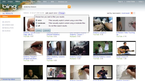 Bing retrieves some videos you might not want your child to watch, even though they're not 'sexually explicit.'